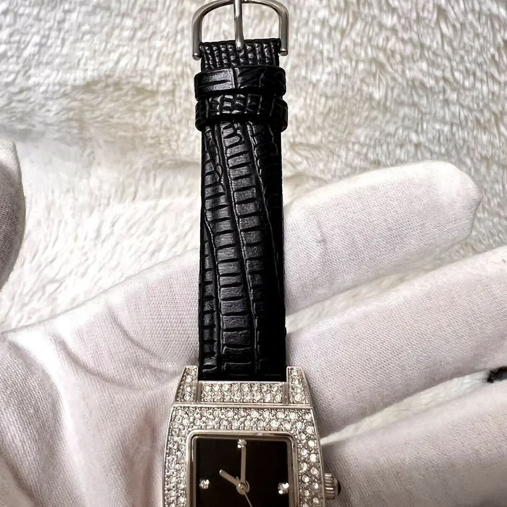 Vintage Women's Watch‎ Black Band Faux Leather Rhinestone Bezel Black Dial